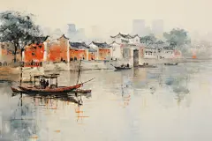 水墨风徽派建筑江南水乡插画