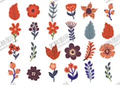 扁平风卡通花卉插画 【酷图网】扁平风花卉,卡通花卉插画,花卉插画,花卉元素,树叶,扁平风插画,卡通插画,手绘插画,插画设计,矢量元素,元素设计