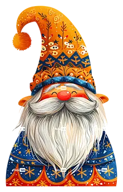 正统新年微笑侏儒蓝白条纹帽子红胡子围巾脖子上—雪花背景中穿着彩色服装的微笑侏儒