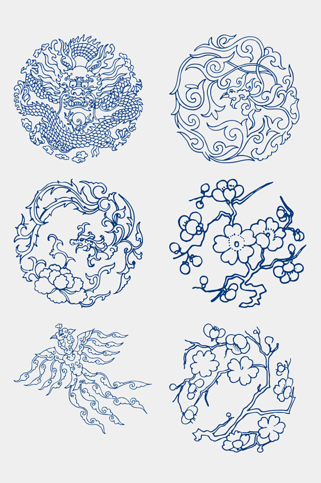 手绘古代花卉凤凰青花瓷图案花纹免抠元素