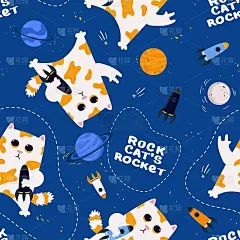 无缝的矢量模式。摇滚猫的火箭。手绘字体。空间设计横幅，卡片，明信片，海报，贴纸，纺织品，印刷品，背景