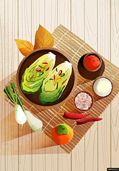 美食 手绘 海鲜 白菜泡菜 水彩插画 模库优选