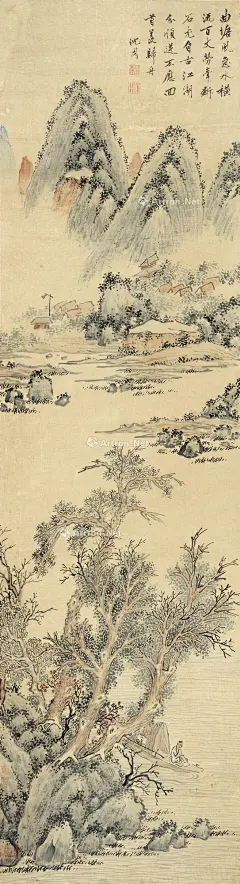 沈周——【曲塘风急水横流,百丈劳牵斗石尤。自古江湖分逆顺,不应回首羡归舟】人物山水 立轴欣赏  |  
明|沈周(1427～1509)字启南，号石田、白石翁、玉田生、有居竹居主人等，长洲 (今江苏苏州)人。明代中期文人画“吴派”的开创者，&quot;吴门四家&quot;之首，与文徵明、唐寅、仇英合称“明四家”。擅山水，中年后风格沉着浑厚。亦作细笔，人称“细沈”。兼工花鸟、人物。