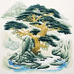 中国刺绣工艺金蓝绿山亭树、艺术创作、瀑布、纹理、极简色彩场、