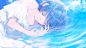 Anime 1920x1080 anime anime girls blue hair short hair in water closed eyes clouds blue nails ribbons waves Sudach Koppe