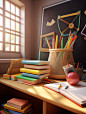 a set of school supplies and books with a blackboard in the background, in the style of daz3d, colorful animation stills, design/architecture study, rendered in unreal engine, bengal school of art, engineering/construction and design, light brown and whit