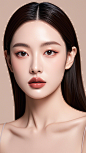 美女 五官精致 纯色背景  深邃眼眸 浅唇色 半身无遮挡 高级感  现代风格 朴素大方 中景 化妆品模特(1) (2)