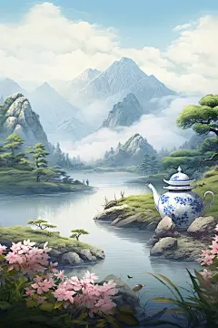 茶壶山水国画手绘插画