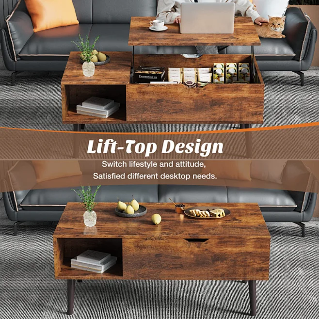 Irfaan Lift Top Extendable Coffee Table With Storage, Brown-花瓣网