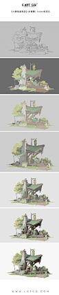 #艺数绘讲师作品# @Joker陈克凡 老师给场景基础班同学的最新课堂演示《小鳄鱼面包店》，附上过程步骤图。 可可爱爱小鳄鱼 ​​​​
