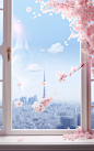A window to a tower, in the style of cherry blossoms, soft, dream-like quality, dazzling cityscapes, japanese-inspired imagery, light and airy, light azure and white, soft and dreamy atmosphere