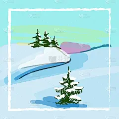 冬天的风景。雪地，道路，冷杉，日落。手绘数字水彩模仿。圣诞节，新年，冬季贺卡，背景，海报，季节性设计