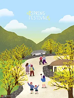 山峦木屋黄色花树小路游人春季插画 季节插画 春季插画