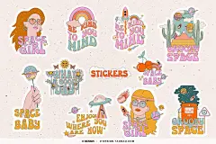 70年代复古嬉皮士时尚美式抽象艺术人物彩虹插图插画ai设计素材
