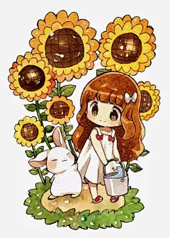 浇花的小女孩免抠素材_新图网 https://ixintu.com 兔子 女孩 手绘 花朵 装饰