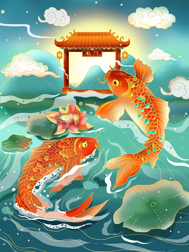 手绘国潮烫金中国风金鱼鲤跃龙门锦鲤鱼插画图片_锦鲤图片素材-花瓣网