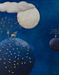 月亮的画，蓝月亮，象插图。
moon painting, blue moon and elephant illustration.