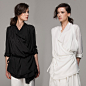 FrontRowShop垂褶叠层系带长袖衬衫长款白色黑色2014春装新款女装 原创 设计 2013