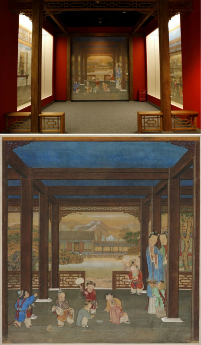 #微博观展#“长宜茀禄：乾隆花园的秘密”园林婴戏图通景画贴落：清，纵321.5厘米、横304厘米，故宫博物院藏，制作于乾隆四十一年。粘贴于养和 ...