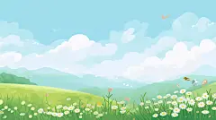 扁平肌理插画扁平风风景插画植物插画小雏菊插画飞鸟丛林间小路唯美场景蓝天白云草地春天桌面壁纸