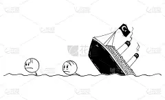 矢量卡通插图两个男人或幸存者游泳在水或海或海洋从失事的土耳其共和国经济船或海难。
