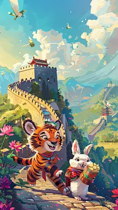 国庆节海报背景吉祥物长城背景 (5)