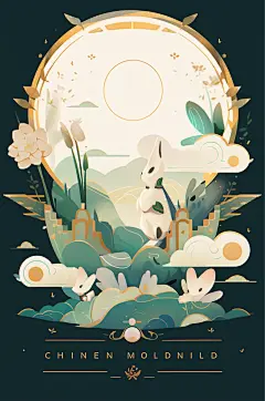 数字艺术中国风中秋节月亮兔子插画元素