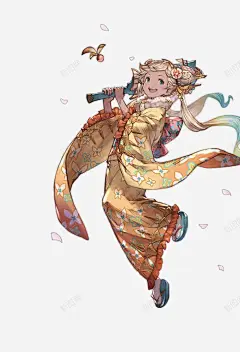 黄色和服少女卡通手绘动漫 创意素材