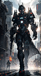 a man in a futuristic suit is walking through the city with his arms spread out