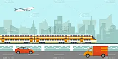交通,天空,绘画插图,城市,火车,建筑外部,矢量,桥,乘客,城市生活
