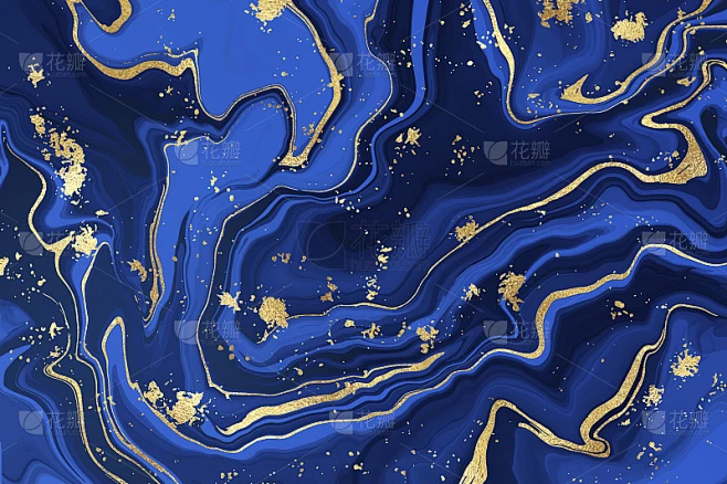 靛蓝色液体大理石水彩背景与金色闪光线。豪华青色大理石酒精墨水绘画效果背景和金木。矢量插图抽象时尚的流素材-花瓣网