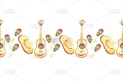 吉他、沙槌、草黄帽无缝图案。音乐节的特点。鲜艳的水彩图案为纺织品，壁纸，包装和原始的背景主题的节日。