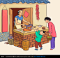 古代街道小摊厨师炒鸡插画