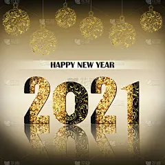 豪华装饰新年快乐插图与金色镂空玩具挂在弦和装饰2021年数字。闪亮精致的背景，横幅，海报新年快乐20