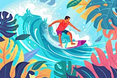 扁平风冲浪夏天彩色插画