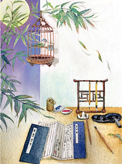 青鸾工作室采集到插画:古风水彩场景 小物