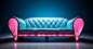 a pink sofa under a blue light, in the style of celestialpunk, leather/hide --ar 17:9 --style raw --v 5.2