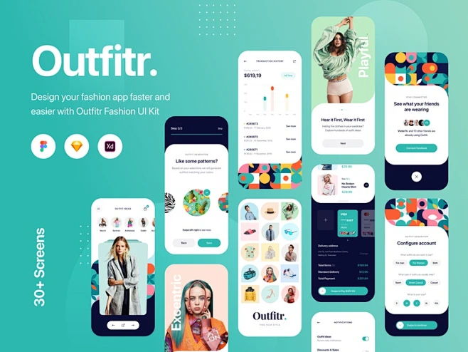 Outfitr-时尚UI套件-Sketch，Figma，XD应用程序应用程序设计Figma干净的服装颜色创意草图时尚应用程序Adobe XD ...