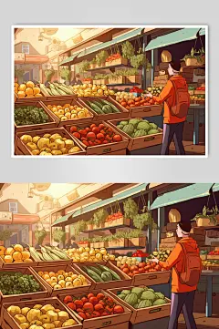 AI数字艺术菜市场生鲜蔬菜市场线条插画-众图网