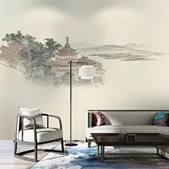 中式工笔画壁画定制山水风景墙布茶室别墅客厅卧室玄关书房装饰画-淘宝网