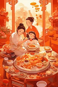 新年主题龙年除夕夜年夜饭插画