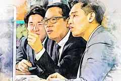 抽象多彩的商务人士在水彩画插画背景上讨论和洽谈商务伙伴。