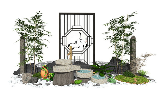 新中式庭院景观小品跌水景观su模型 | ...