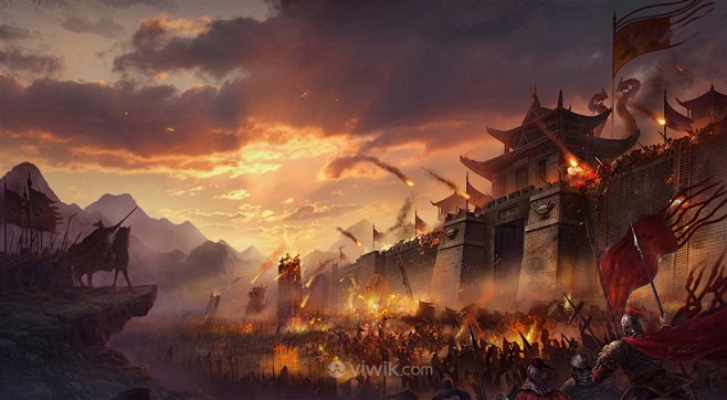 古代夕阳出征武将战场绘画图片
