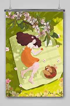 樱花季女孩草地上插画海报