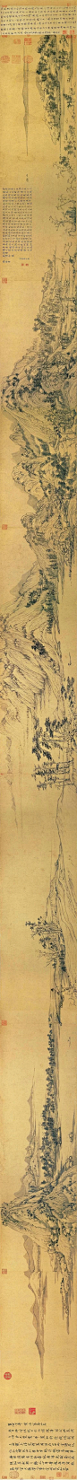 元·黄公望《富春山居图》

《富春山居图》，纵33厘米，横636.9厘米，纸本，水墨。始画于至正七年(1347)，于至正十年完成。该画于清代顺治年间曾遭火焚，断为两段，前半卷被另行装裱，重新定名为《剩山图》，现藏浙江省博物馆；后段较长称《无用师卷》，现藏台北故宫博物馆。是元代画坛宗师、“元四家”之首黄公望晚年的杰作，也是中国古代水墨山水画的巅峰之笔，在中国传统山水画中所取得的艺术成就，可谓空前绝后，历代莫及。