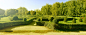 Panoramic picture of green bushes maze in European park. Garden Maze