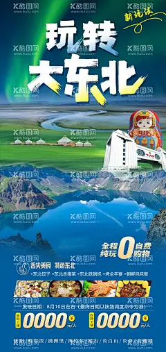 东北旅游海报  - 源文件下载【酷图网】海报,旅游,东北,沈阳,哈尔滨,行程,景点,美食,