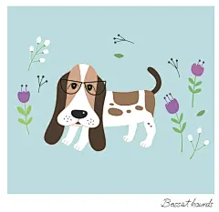 巴吉度犬 彩色花朵 蓝色背景 萌宠插画PSD10彩色花朵|花朵|蓝色|背景|萌宠|插画