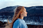 People 2560x1700 women blonde model closed eyes profile sweater mountains snow depth of field women outdoors portrait blue sweater windy